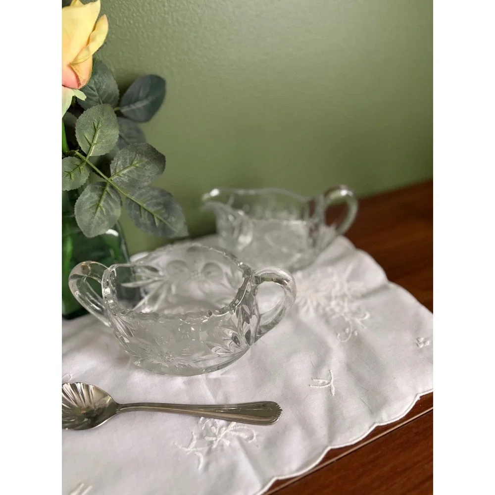American Brilliant Period Style Cut Glass Creamer and Sugar Set, Vintage Crystal